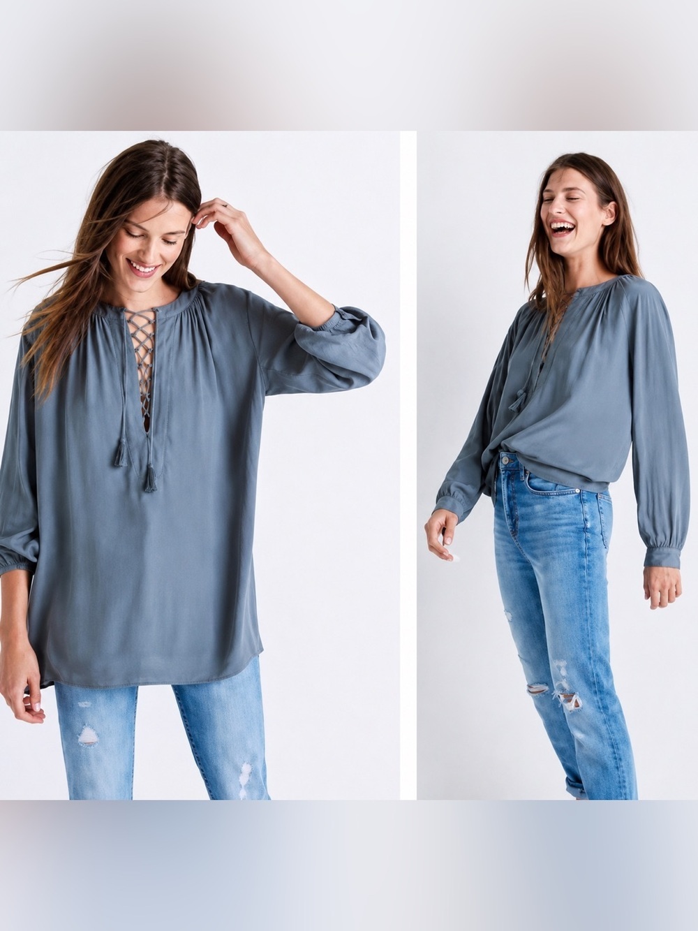 Madewell Lightweight Blue Lace Up Peasant Top Blouse Size Small Style G0697